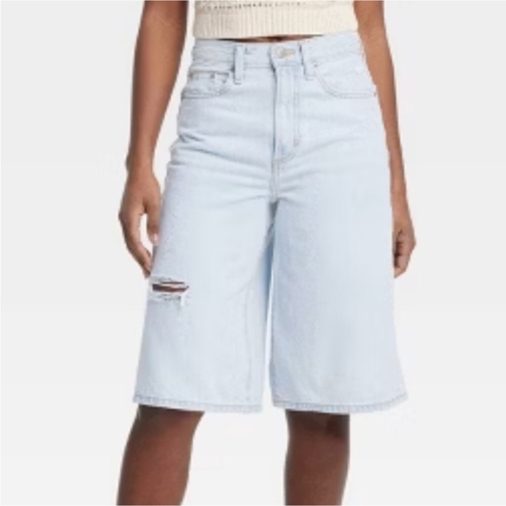 High-Rise Light Blue Denim Bermuda Shorts 14 Regular